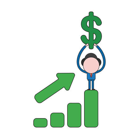 Vector illustration businessman character holding up dollar symbol on top of sales chart moving up. Color and black outlines.のイラスト素材