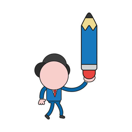 Vector illustration businessman character walking and holding pencil. Color and black outlines.のイラスト素材