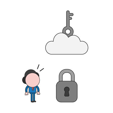 Vector illustration businessman character looking key on cloud to unlock padlock. Color and black outlines.のイラスト素材