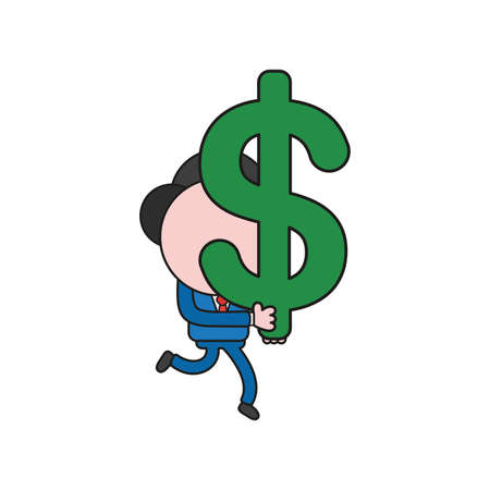 Vector illustration businessman character running and carrying dollar symbol. Color and black outlines.のイラスト素材