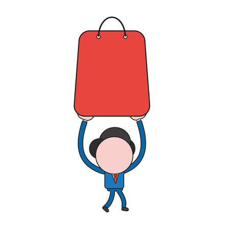 Vector illustration businessman character walking and holding up shopping bag. Color and black outlines.のイラスト素材