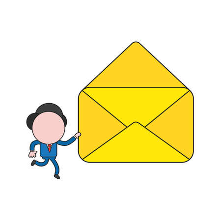 Vector illustration businessman character running and carrying open empty mail envelope. Color and black outlines.のイラスト素材