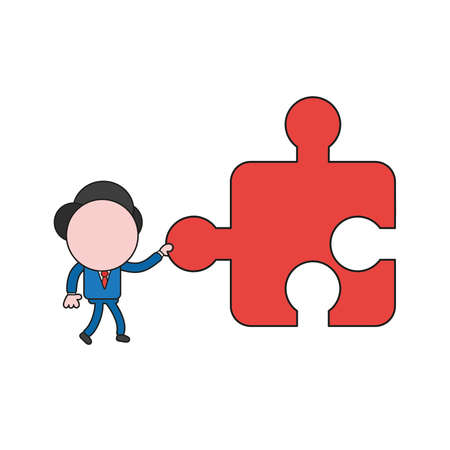 Vector illustration businessman character walking and holding missing jigsaw puzzle. Color and black outlines.のイラスト素材