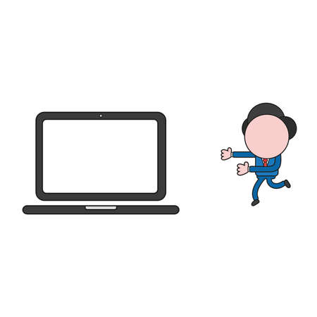 Vector illustration businessman character running to laptop computer. Color and black outlines.のイラスト素材