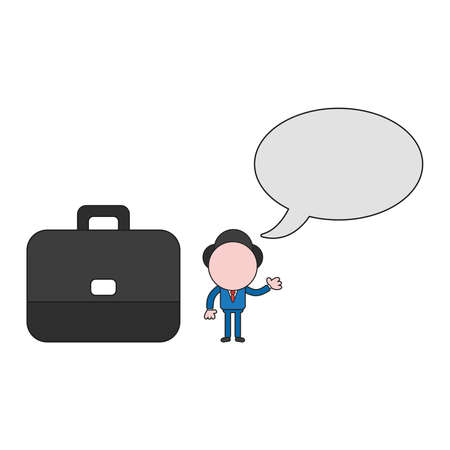 Vector illustration businessman character with blank speech bubble and briefcase. Color and black outlines.のイラスト素材