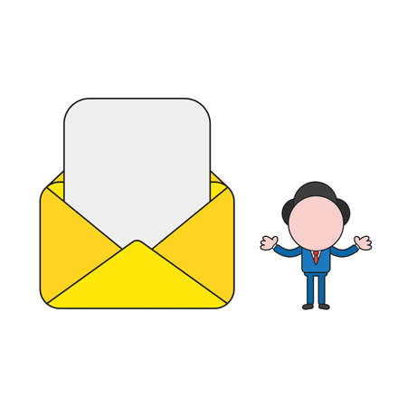 Vector businessman character with blank paper in open mail envelope. Color and black outlines.のイラスト素材