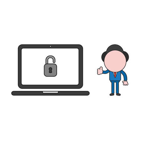 Vector illustration businessman character showing thumbs up with open padlock inside laptop computer. Color and black outlines.のイラスト素材