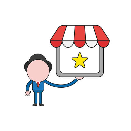 Vector illustration businessman character holding shop store with star. Color and black outlines.のイラスト素材