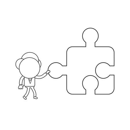 Vector illustration businessman character walking and holding missing jigsaw puzzle. Black outline.のイラスト素材