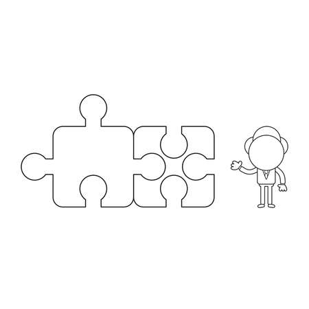 Vector illustration businessman character with two connected jigsaw puzzle pieces. Black outline.のイラスト素材