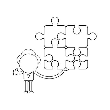 Vector illustration businessman character holding four connected jigsaw puzzle pieces and gesturing thumbs up. Black outline.のイラスト素材