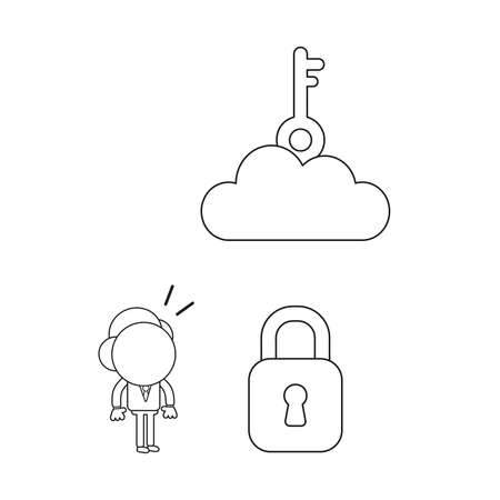 Vector illustration businessman character looking key on cloud to unlock padlock. Black outline.のイラスト素材