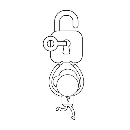 Vector illustration businessman character running and carrying open padlock with key. Black outline.のイラスト素材