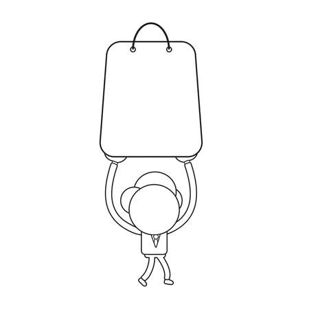 Vector illustration businessman character walking and holding up shopping bag. Black outline.のイラスト素材
