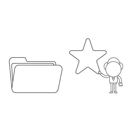 Vector illustration businessman character holding star to open file folder. Black outline.のイラスト素材
