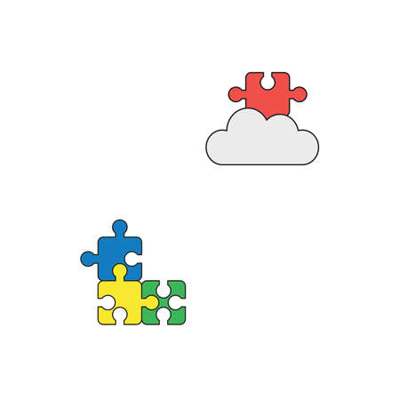 Vector icon concept of blue, yellow, green puzzle pieces connected and missing red puzzle piece on cloud. Black outlines and colored.のイラスト素材