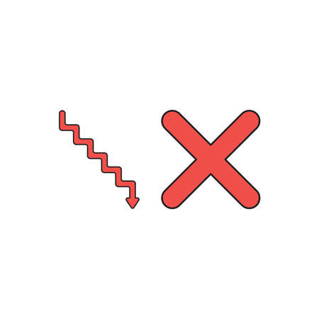 Vector icon concept of red stairs with arrow pointing down and red x mark. Black outlines and colored.のイラスト素材