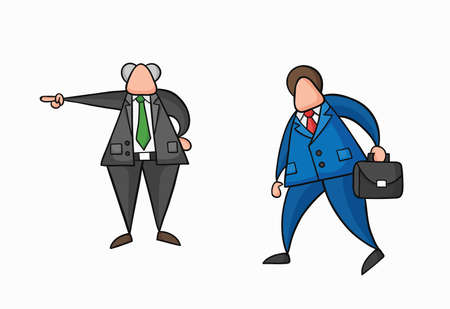 Hand-drawn vector illustration boss firing businessman worker. Colored and black outlines.のイラスト素材