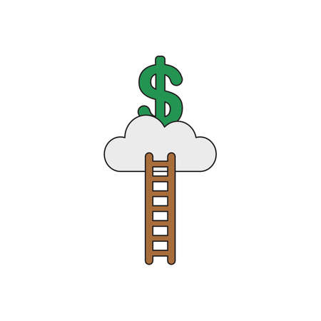 Vector icon concept of reach green dollar symbol on cloud with wooden ladder. Black outlines and colored.のイラスト素材