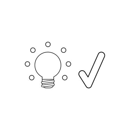Vector icon concept of glowing light bulb with check mark. Black outlines.のイラスト素材
