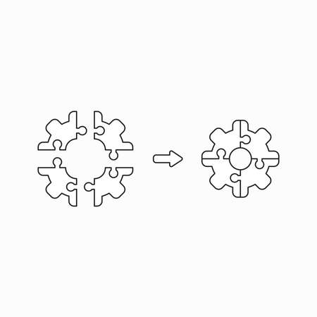 Vector icon concept of gear shaped puzzle pieces connecting. Black outlines.のイラスト素材
