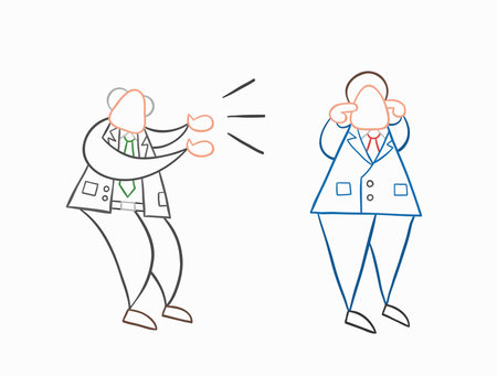 Hand-drawn vector illustration angry boss yelling at businessman worker and he is closing his ears....