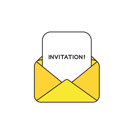 Vector icon concept of yellow open envelope with invitation word written on paper. のイラスト素材