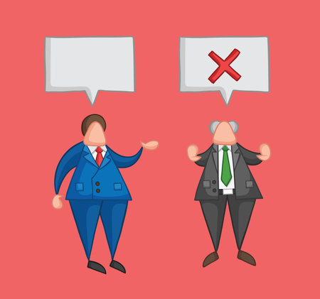 Hand-drawn vector illustration businessman worker speaks with boss and boss rejects. Colored and...