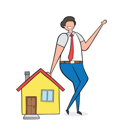 Realtor leaning on house, hand-drawn vector illustration. Balck outlines, colored.のイラスト素材