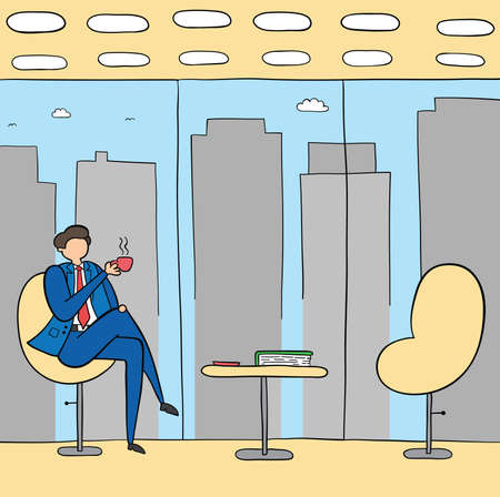 Businessman break time, drinking coffee or tea, hand-drawn vector illustration. Black outlines and colored.のイラスト素材