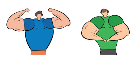 Muscular men show their muscles, hand-drawn vector illustration. Black outlines and colored.のイラスト素材
