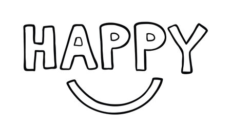 Vector hand-drawn illustration of happy word with smiling mouth. Black outlines and white background.のイラスト素材