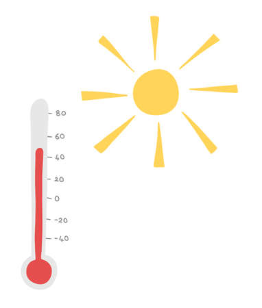 Vector hand-drawn illustration of hot weather, sun and thermometer. Colored flat style.のイラスト素材