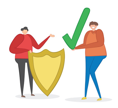 Man with shield and other man holding check mark, hand-drawn vector illustration. Color outlines and...