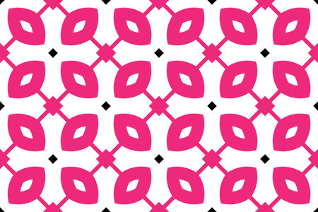 Seamless geometric pattern. Shaped black swaures and pink rounded diamonds on white background.
