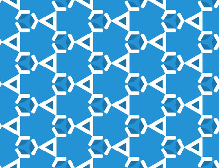 Seamless geometric pattern. Shaped white hexagons and triangles with shadows on blue background.