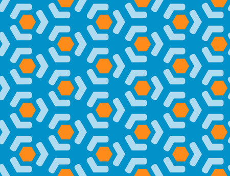 Seamless geometric pattern. Shaped orange hexagons and light blue lines on blue background.
