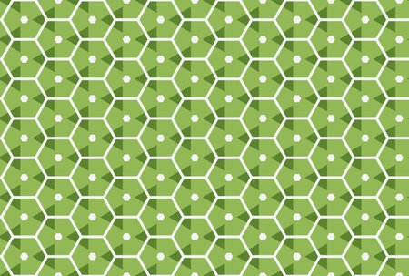 Seamless pattern. Green background and shaped hexagons and triangles in white, dark and light green...