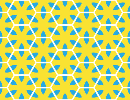 Seamless geometric pattern. Shaped white hexagons and blue flowers on yellow background.