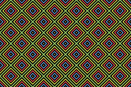 Seamless pattern. Black background and shaped squares are rotated 45 degree in yellow, blue and red...