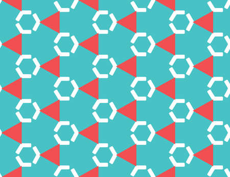 Vector seamless geometric pattern. Shaped white hexagons and red triangles on turquoise background.のイラスト素材
