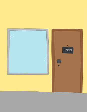 Vector illustration boss room, window, door and boss hanging sign. Hand drawn. Colored outlines.のイラスト素材