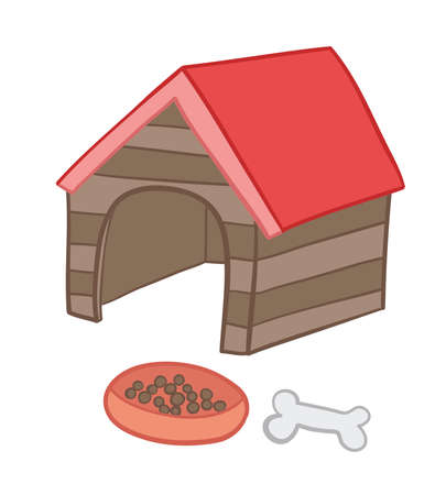 Vector illustration dog kennel, food and bone. Hand drawn. Colored outlines.のイラスト素材
