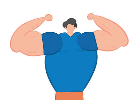 Vector illustration muscular man shows his arm muscles. Hand drawn. Colored outlines.のイラスト素材