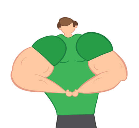 Vector illustration muscular man showing arm muscles. Hand drawn. Colored outlines.のイラスト素材