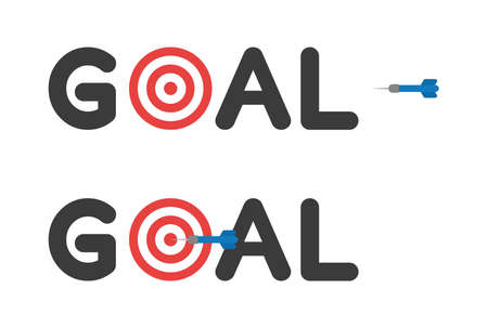 Vector icon set of goal text with bulls eye and dart hit the target. Flat color style. のイラスト素材