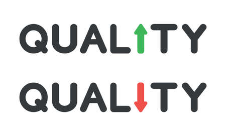 Vector icon set of quality word with arrow moving up and down. Flat color style.のイラスト素材