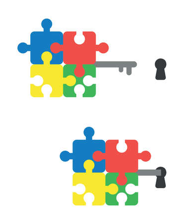 Vector icon set of connected puzzle pieces key and keyhole. Flat color style.のイラスト素材