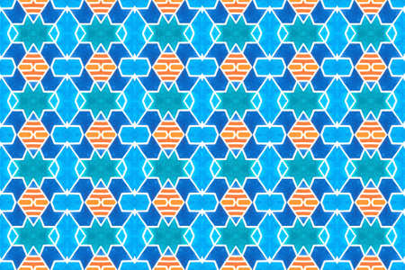 Watercolor seamless geometric pattern. In blue, orange and white colors.の写真素材