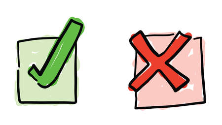 Hand drawn vector sketch illustration of check mark and x mark. White background, colored and black outlines.のイラスト素材